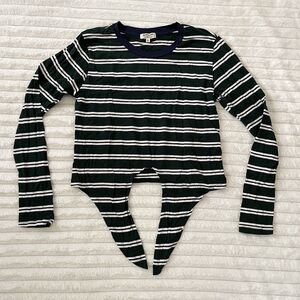 Heart & Hips Striped Tie Front Long Sleeve Cropped Top Green Coastal Sailor S